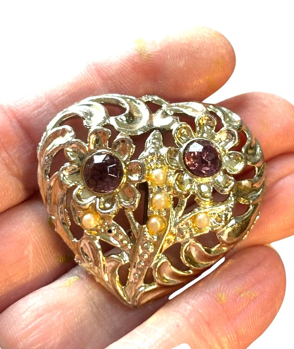 Vintage Gold Tone Heart Brooch Purple Rhinestone Faux Pearl Floral Mid Century